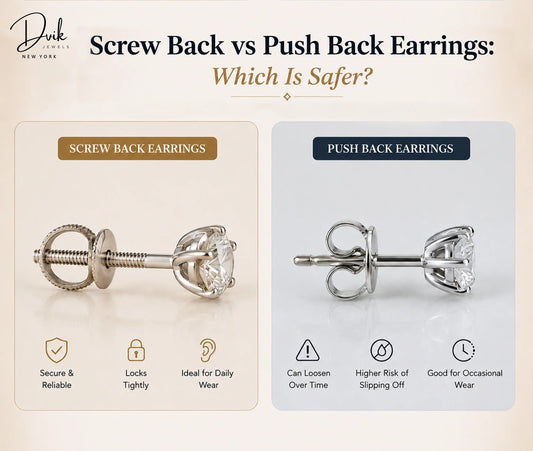 Screw back vs push back earrings comparison by Dvik Jewels, showing security and everyday wear differences.
