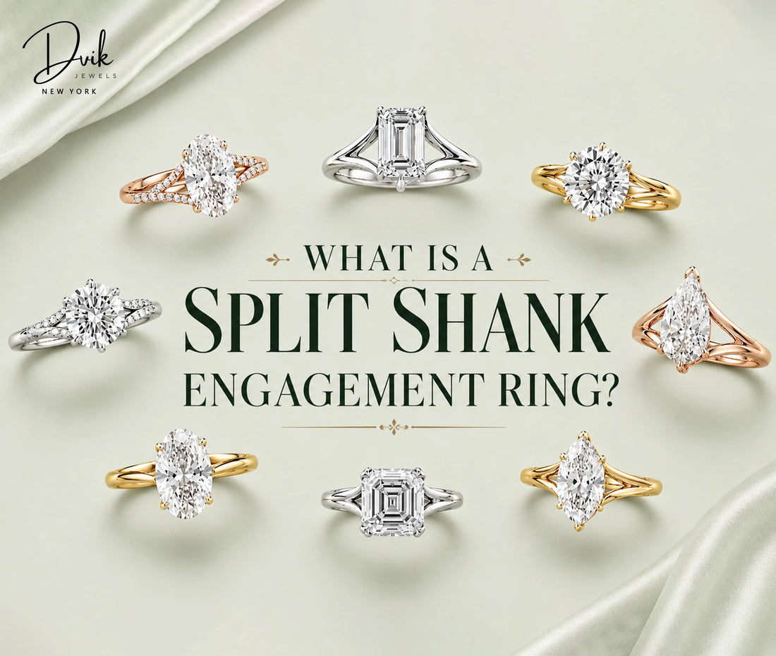 Dvik Jewels graphic showcasing eight different split shank engagement rings arranged around the text "What Is a Split Shank Engagement Ring?"