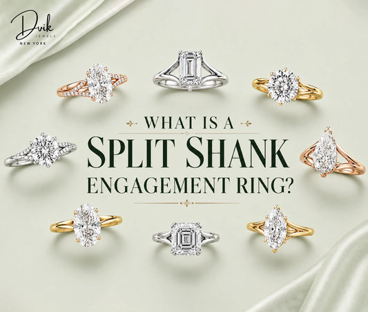 Dvik Jewels graphic showcasing eight different split shank engagement rings arranged around the text "What Is a Split Shank Engagement Ring?"