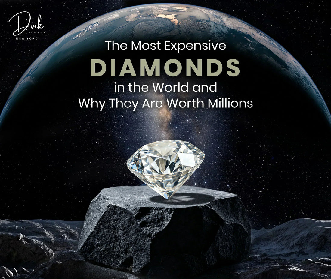 The Most Expensive Diamonds in the World displayed on a rock with earth and space background