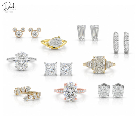 Top 10 Best Selling Minimalist Diamond Jewelry Collection 2026 by Dvik Jewels featuring lab grown diamond rings, stud earrings, and gold hoops.
