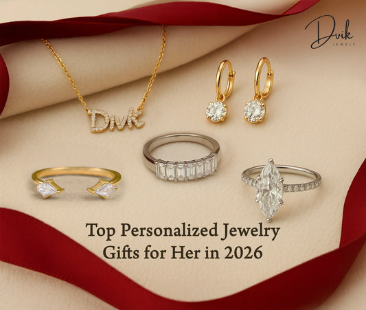 Personalized diamond jewelry gifts for her featuring name necklace, diamond earrings, and engagement rings.
