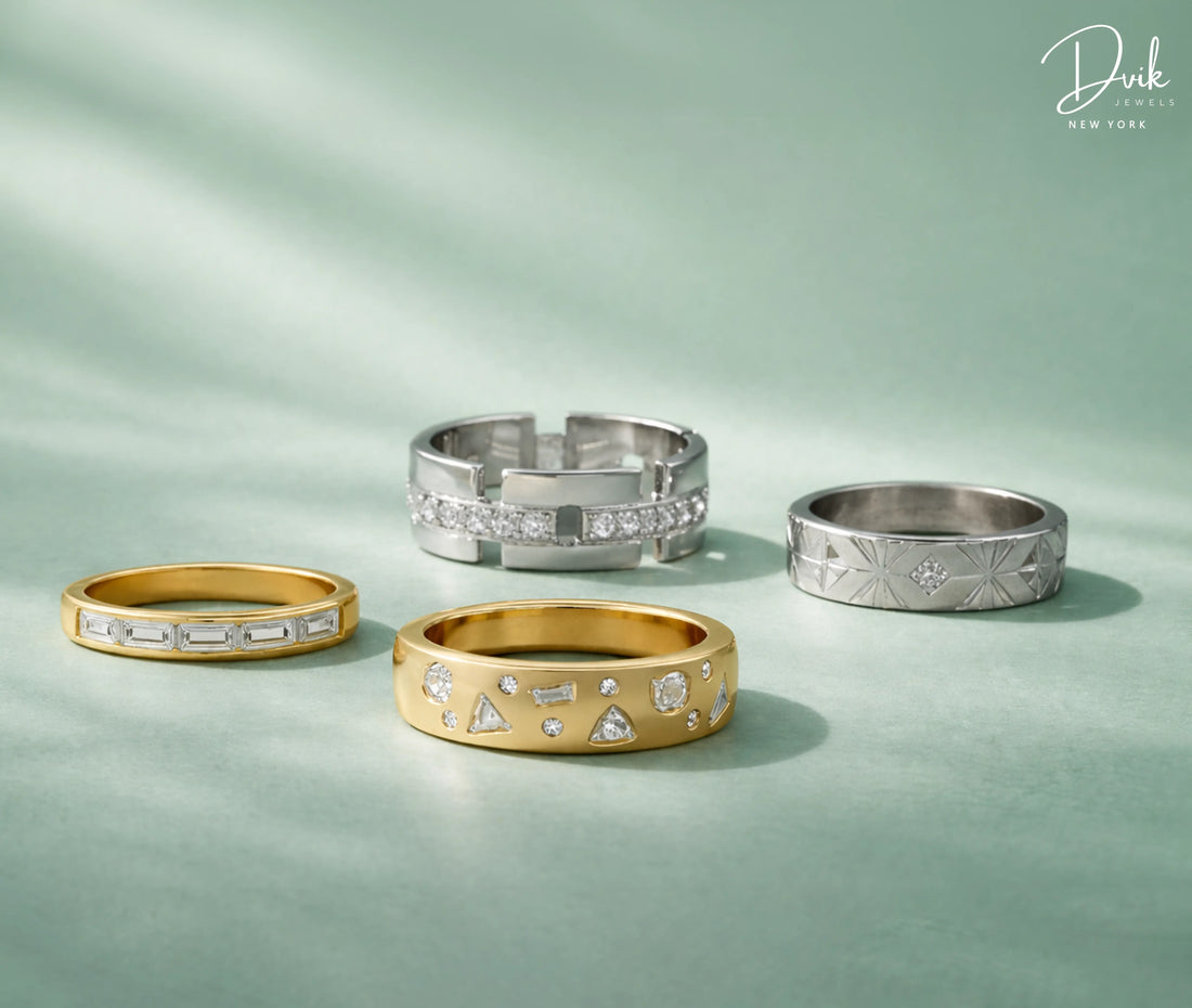 Luxury men's wedding bands by Dvik Jewels Yellow gold, platinum, and lab-grown diamond rings.