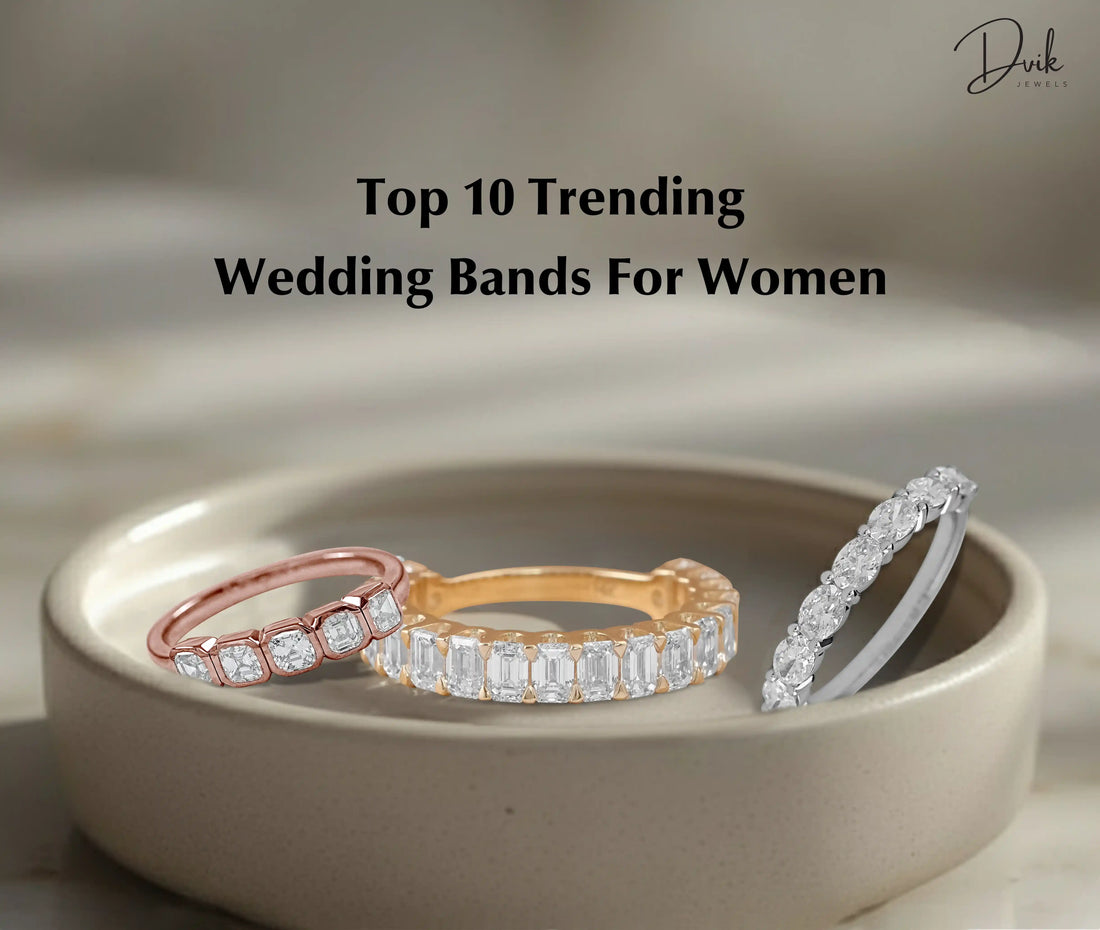Dvik Jewels cushion diamond band, emerald eternity band, and round wedding ring in gold for women