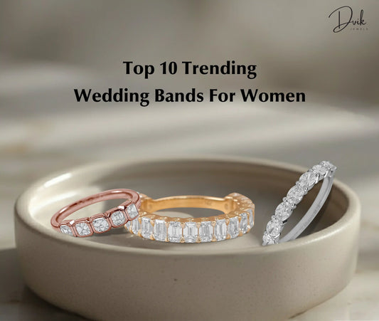 Dvik Jewels cushion diamond band, emerald eternity band, and round wedding ring in gold for women