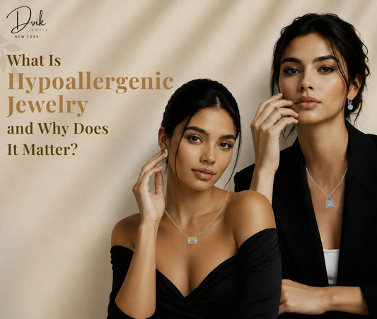 Banner explaining what is hypoallergenic jewelry, featuring models wearing necklaces and earrings by Dvik Jewels.