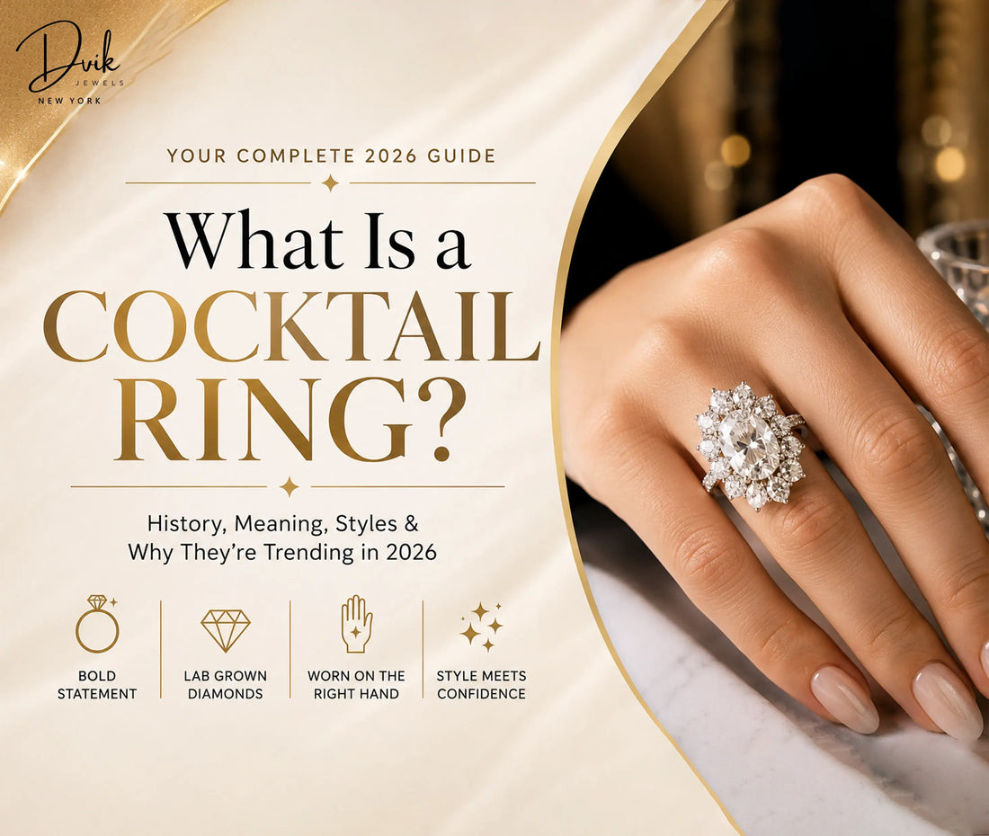 Guide graphic for cocktail rings showing a large cluster diamond ring on a hand with bold statement and trend highlights.