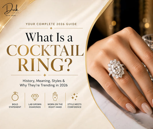 Guide graphic for cocktail rings showing a large cluster diamond ring on a hand with bold statement and trend highlights.
