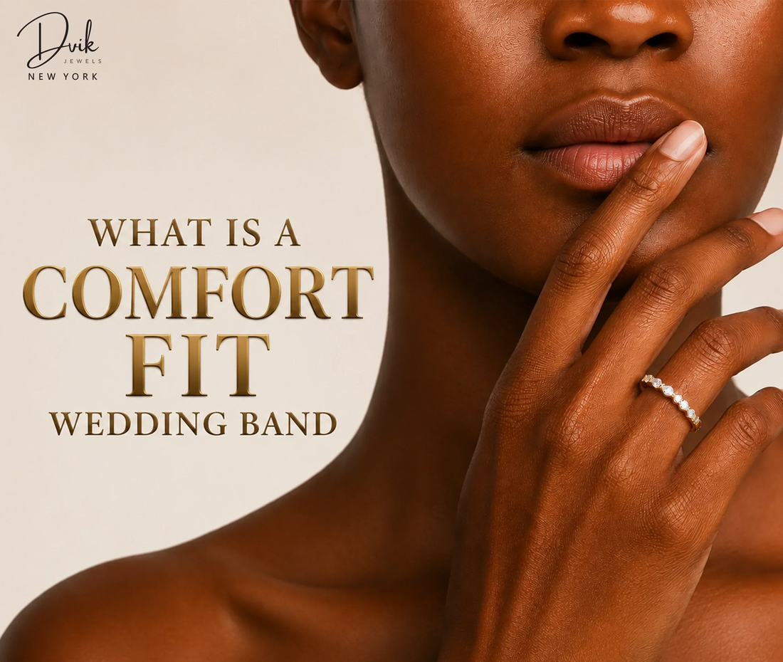 Model wearing comfort fit wedding band from Dvik Jewels with lab grown diamond jewelry.