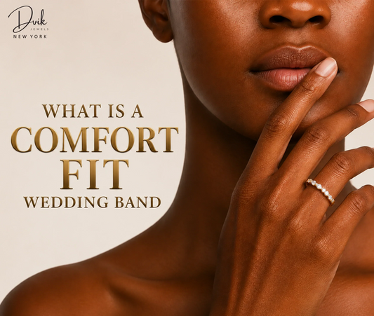 Model wearing comfort fit wedding band from Dvik Jewels with lab grown diamond jewelry.