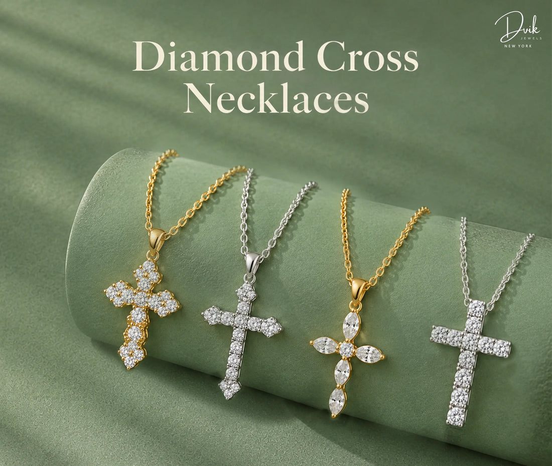 Four diamond cross necklaces in yellow and white gold displayed on a green stand, featuring pavé and marquise-cut diamond designs with matching chains.