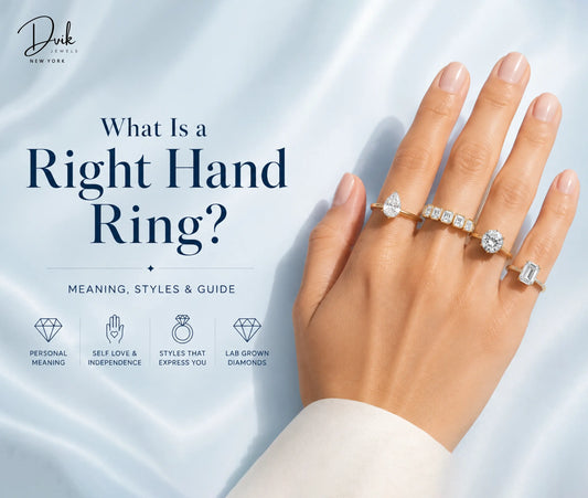 A right hand wearing four gold and diamond rings, with text reading "What Is a Right Hand Ring? Meaning, Styles & Guide" by Dvík Jewels.