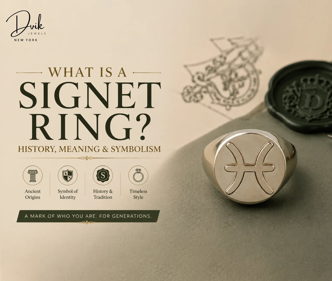 Dvik Jewels featuring a signet ring and the text "What Is a Signet Ring? History, Meaning & Symbolism.