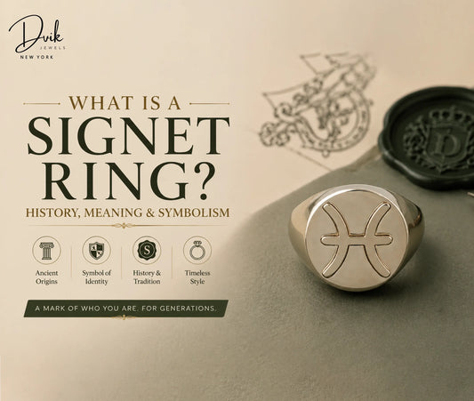 Dvik Jewels featuring a signet ring and the text "What Is a Signet Ring? History, Meaning & Symbolism.