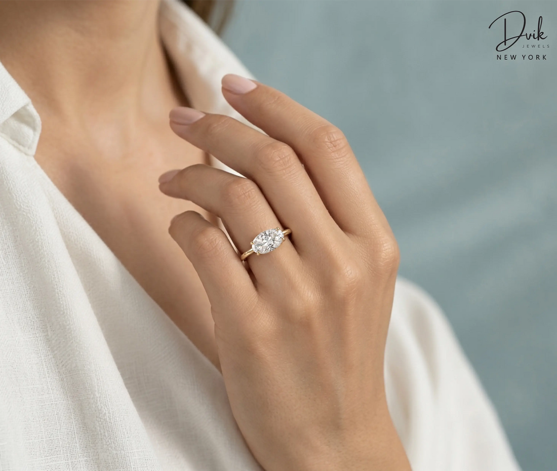 East West Setting Ring featuring an oval cut diamond worn on a finger