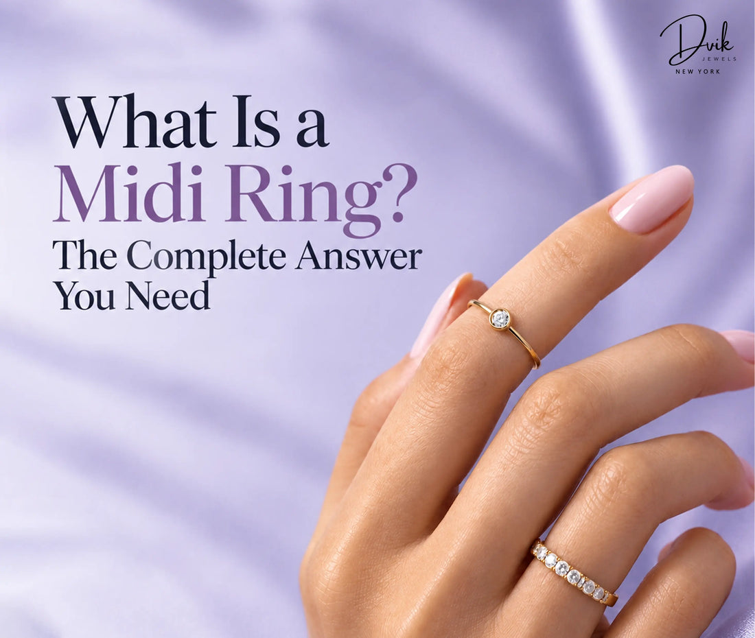 Hand wearing a thin gold midi ring above the knuckle against a purple background, alongside text explaining midi rings.