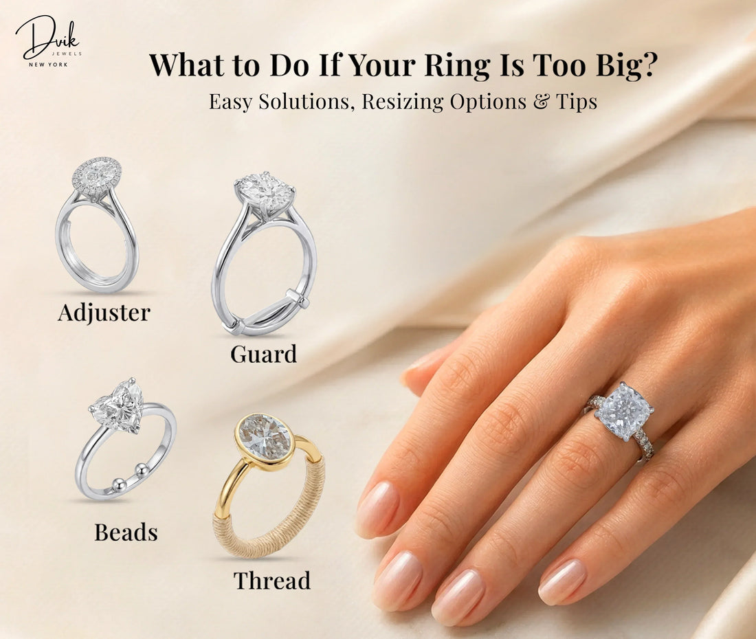 What to do if your ring is too big showing easy solutions, resizing options, adjuster, guard, beads, and thread.