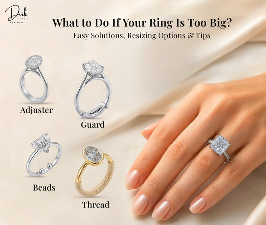 What to do if your ring is too big showing easy solutions, resizing options, adjuster, guard, beads, and thread.