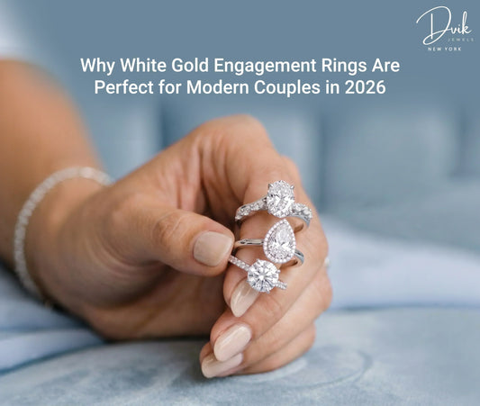 White gold engagement rings with oval, pear, and round lab grown diamonds by Dvik Jewels New York for 2026 couples.