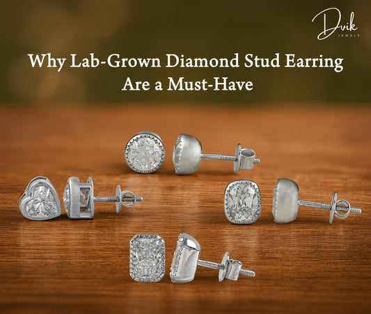 Lab-grown diamond stud earrings in heart, round, and cushion shapes displayed by Dvik Jewels.