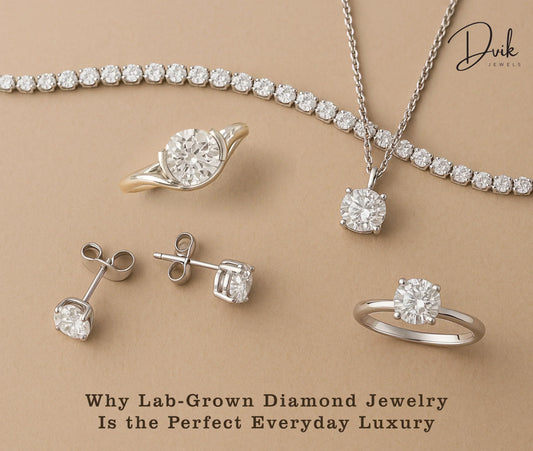 Lab grown diamond jewelry collection featuring solitaire ring, diamond necklace, bracelet, and stud earrings.