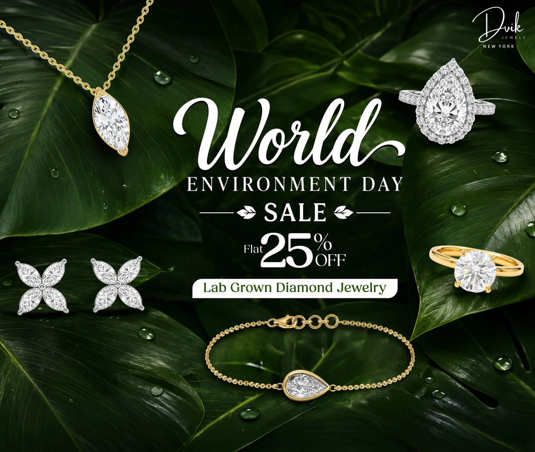 Dvik Jewels World Environment Day sale banner featuring sustainable lab grown diamond jewelry with flat 25% off.