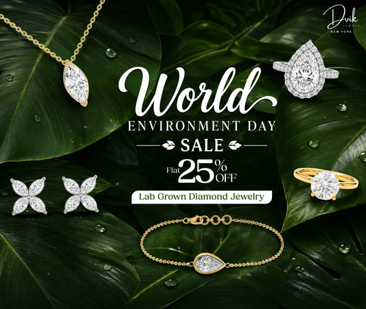 Dvik Jewels World Environment Day sale banner featuring sustainable lab grown diamond jewelry with flat 25% off.