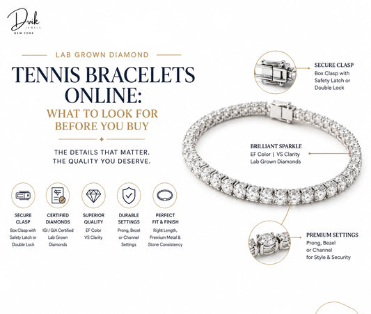 Dvik Jewels infographic guide on buying lab grown diamond tennis bracelets, detailing quality standards like certified diamonds, secure clasps, and premium settings.