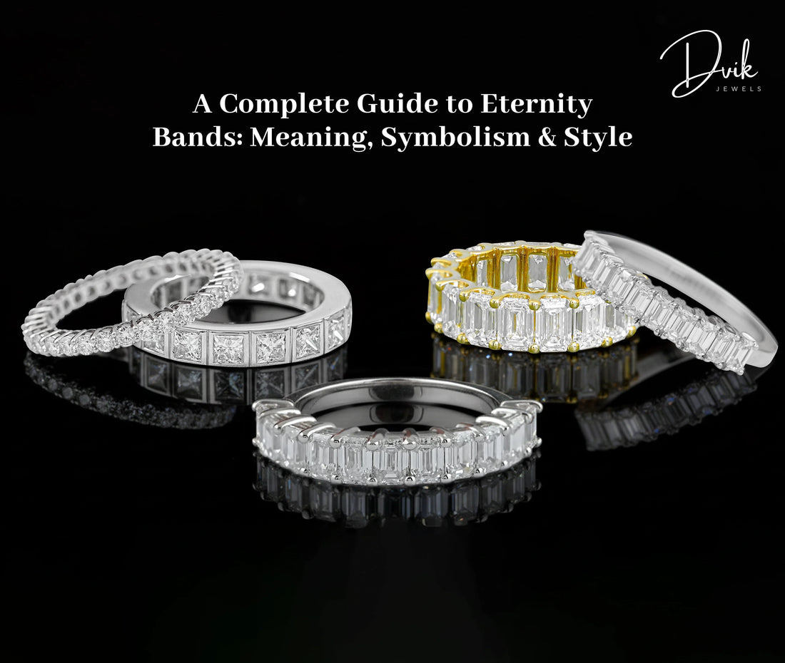 Diamond eternity bands showcasing different styles and settings including emerald and round cuts by Dvik Jewels.