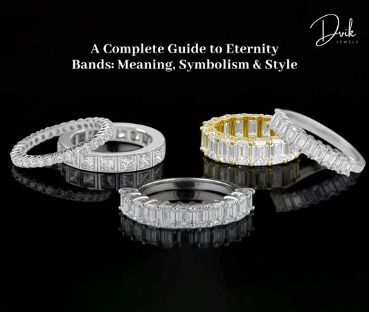 Diamond eternity bands showcasing different styles and settings including emerald and round cuts by Dvik Jewels.