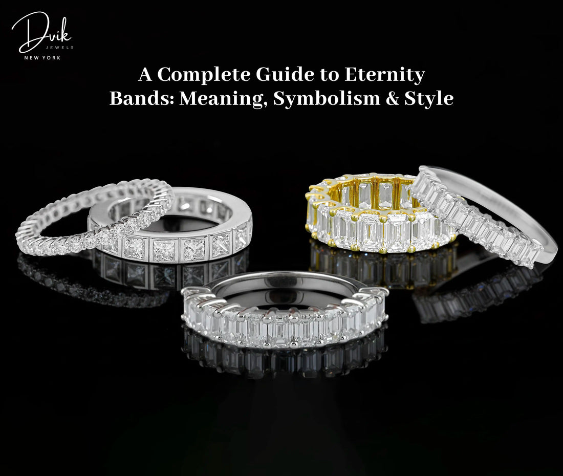 Diamond eternity bands showcasing different styles and settings including emerald and round cuts by Dvik Jewels.