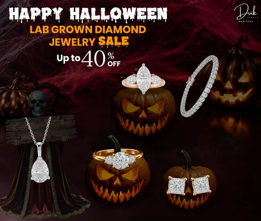 Dvik Jewels Halloween sale banner featuring lab-grown diamond rings, a tennis bracelet, and earrings with up to 40% off