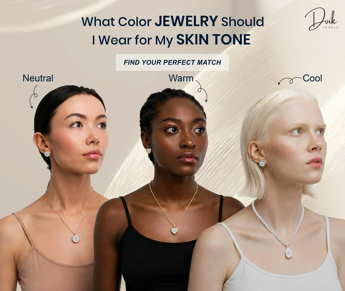 jewelry for skin tones chart showing rose gold for neutral, yellow gold for warm, and silver for cool skin tones.