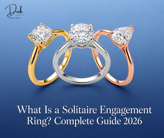 Three different diamond solitaire engagement rings shown on a solid blue background by Dvik Jewels.