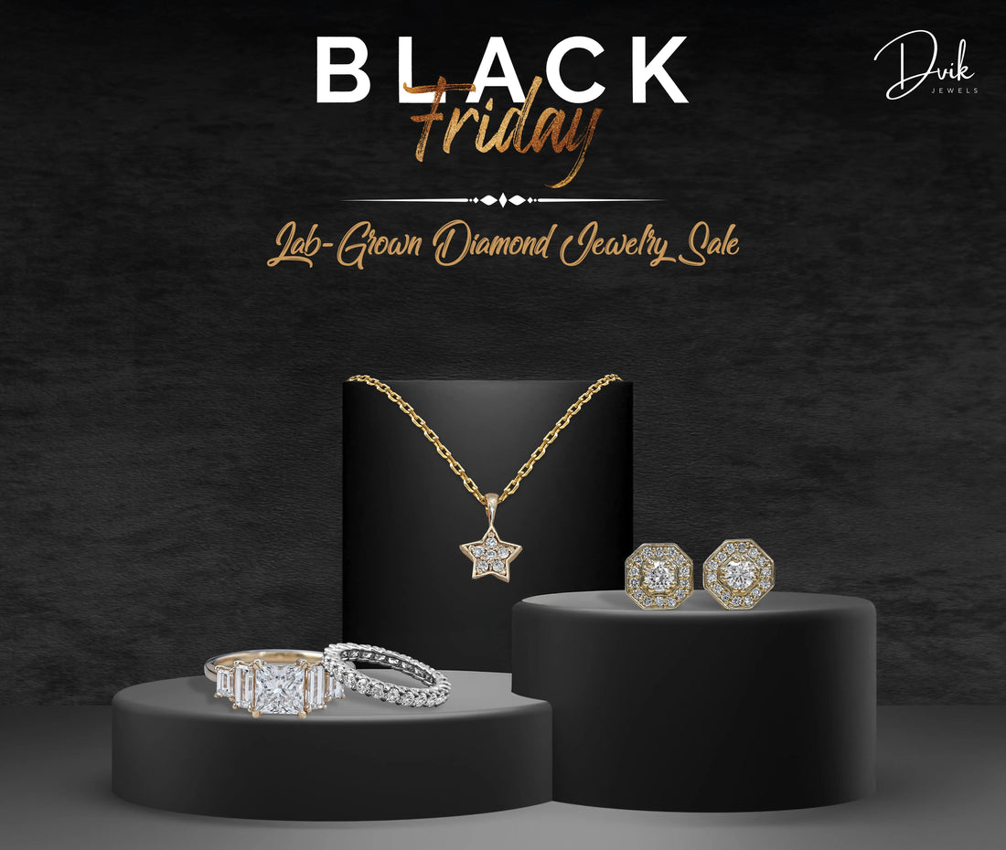 Black Friday lab-grown diamond jewelry sale featuring star pendant necklace, diamond rings, and halo stud earrings by Dvik Jewels.