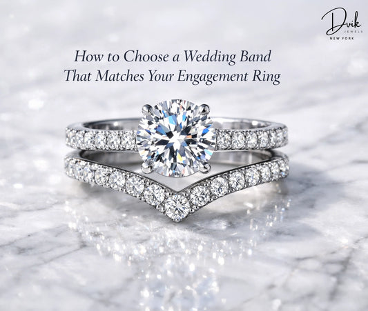 Round cut diamond engagement ring with a matching pavé diamond chevron wedding band by Dvik Jewels New York