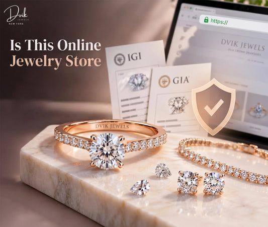 Online jewelry store legitimacy check showing diamond ring, IGI and GIA certificates, secure website and trust verification