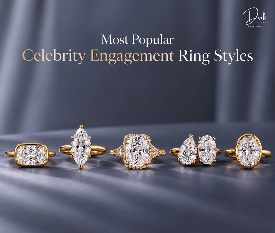 Popular celebrity engagement ring styles featuring bezel set, marquise, halo, pear, oval and toi et moi diamond rings in yellow gold