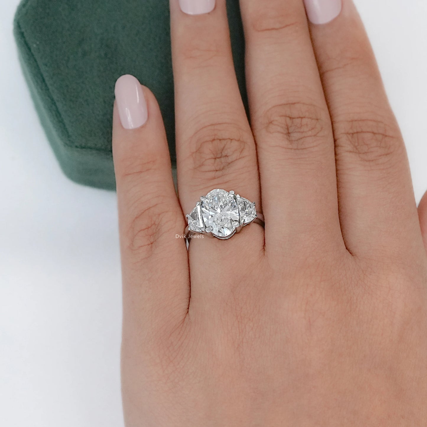 3 CT Oval And Half Moon Lab Diamond Three Stone Ring
