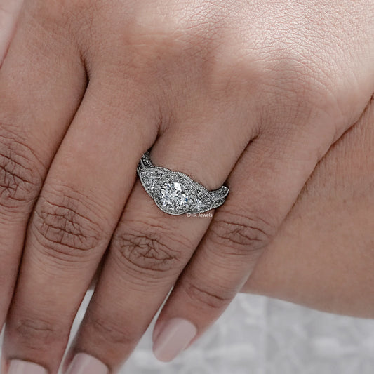 Milgrain Set Halo With Three Stone Engagement Ring