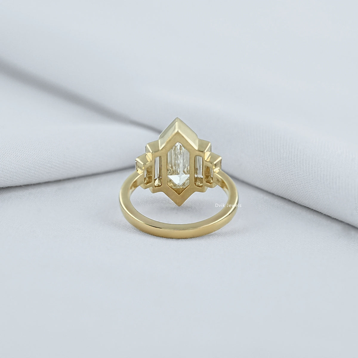 Step Cut Hexagon Diamond Half Bezel Five Stone Ring