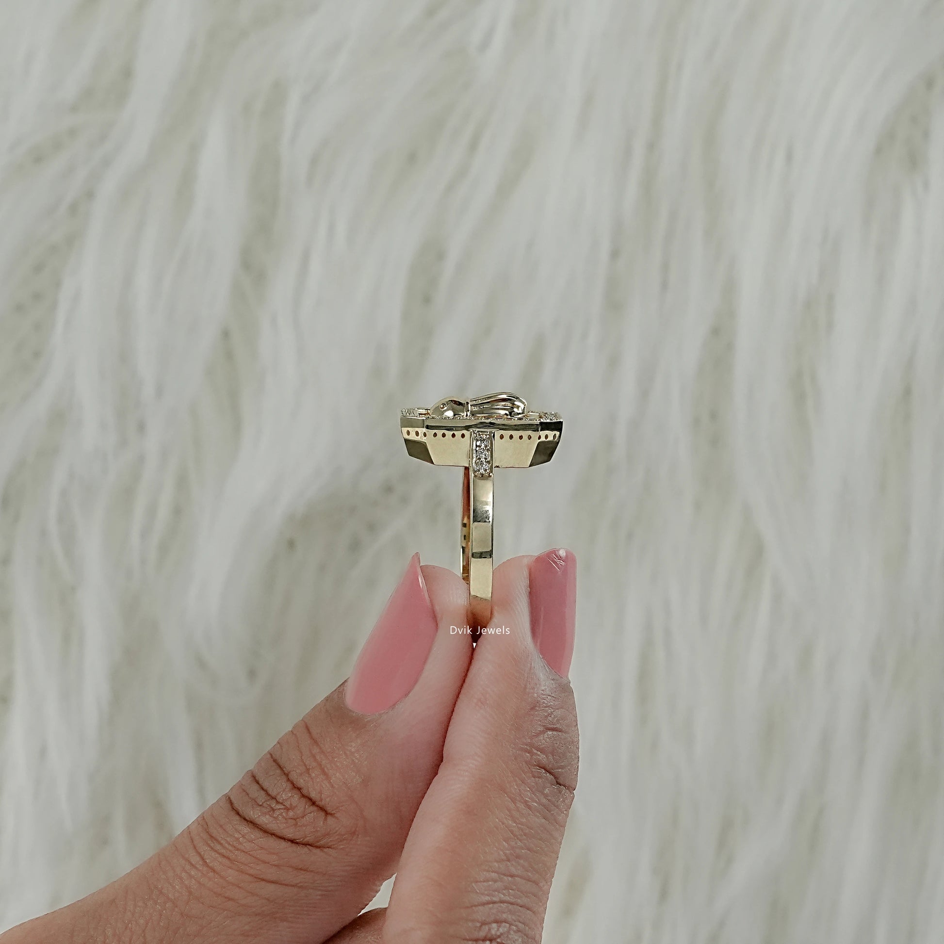 Side view of the round diamond engagement ring for women with geometric octagon halo