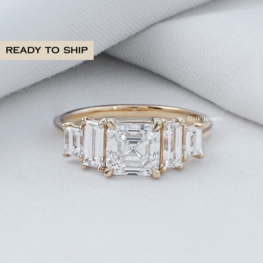 Five Stone Asscher And Baguette Lab Diamond Ring