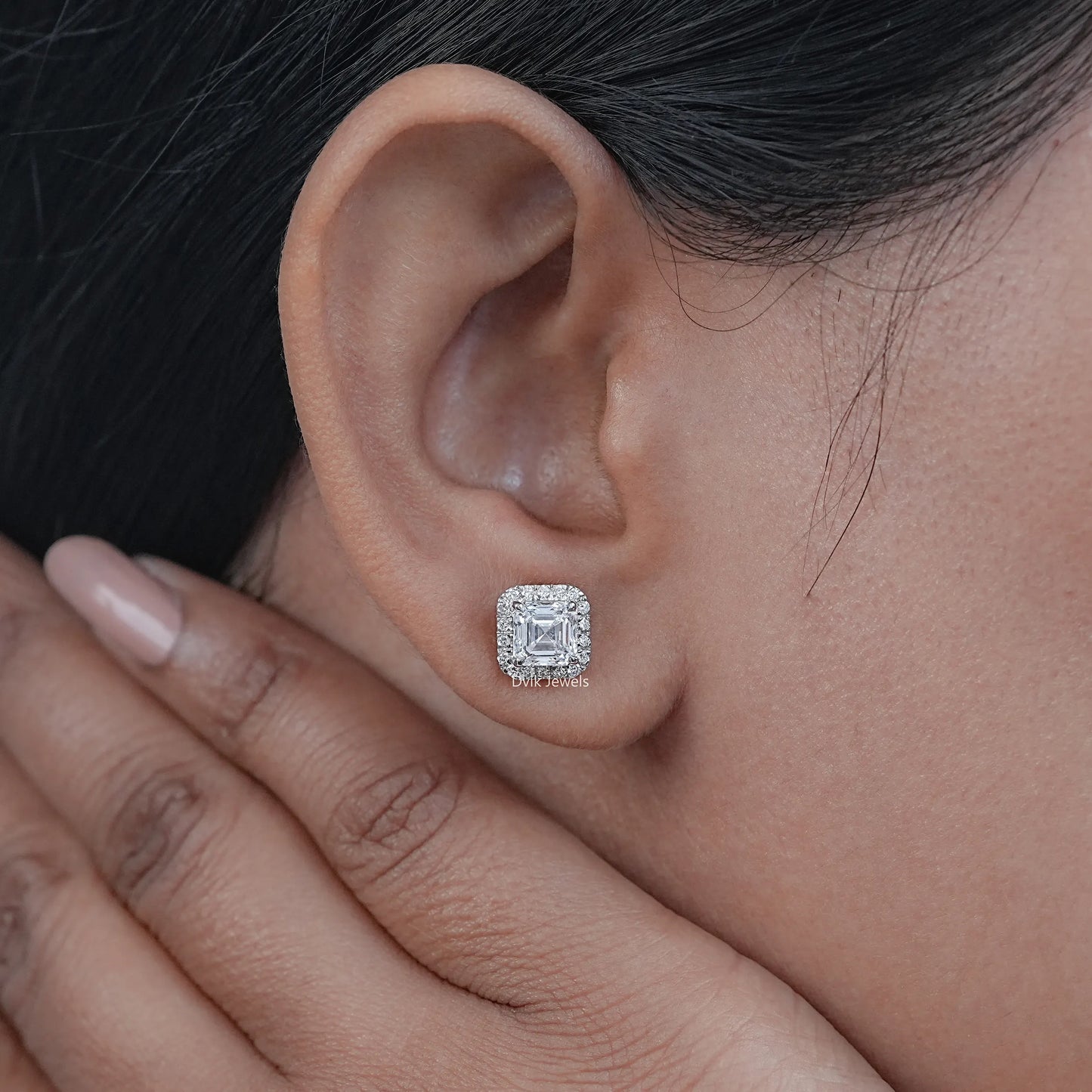 Asscher Cut Lab Diamond Halo Stud Earrings