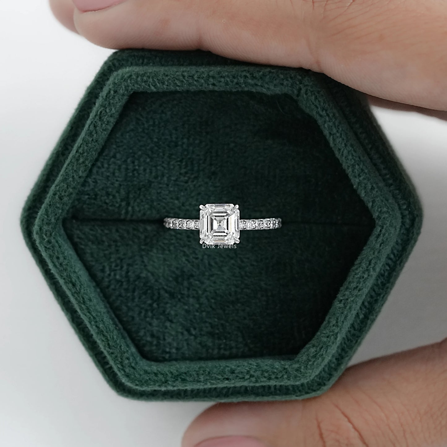 Asscher Cut Lab Diamond Accent Ring with Pave Band