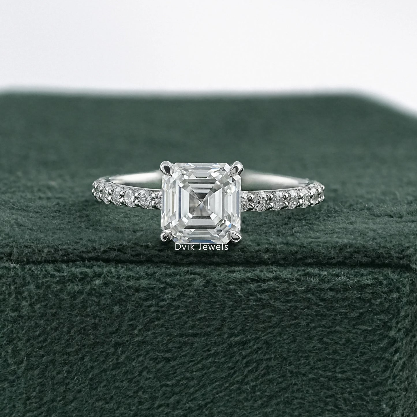 Asscher Cut Lab Diamond Accent Ring with Pave Band