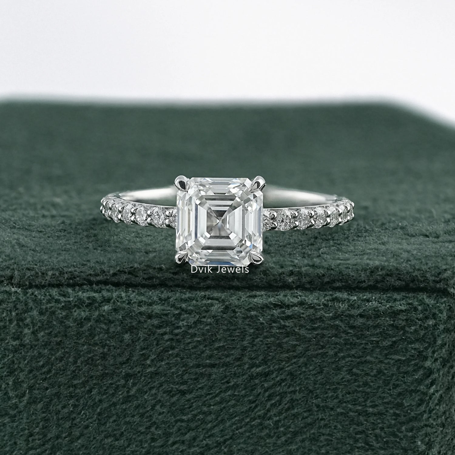 Asscher Cut Lab Diamond Accent Ring with Pave Band Ring