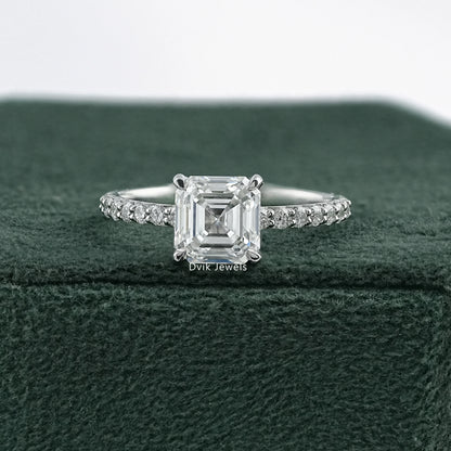 Asscher Cut Lab Diamond Accent Ring with Pave Band
