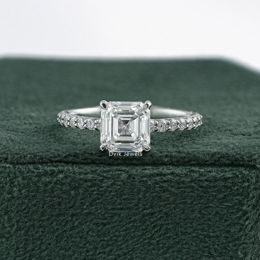 Asscher Cut Lab Diamond Accent Ring with Pave Band