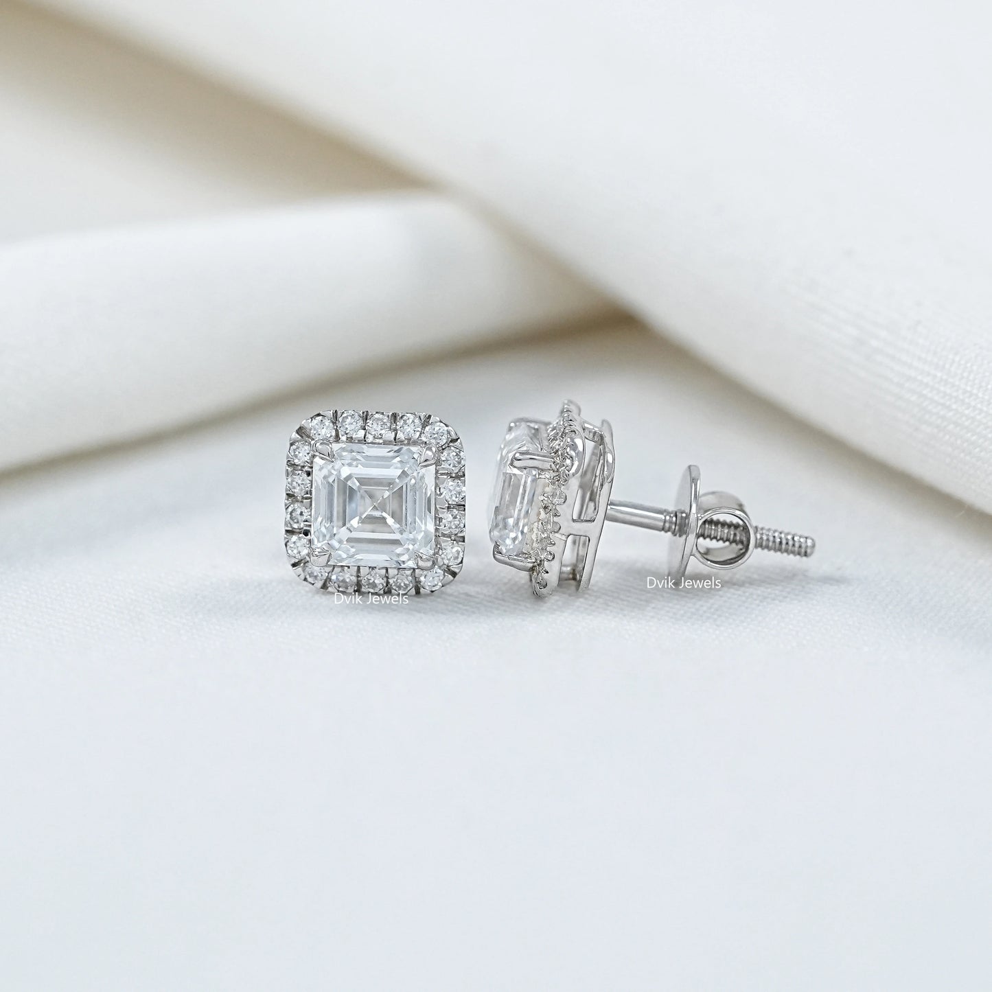 Asscher Cut Lab Diamond Halo Stud Earrings